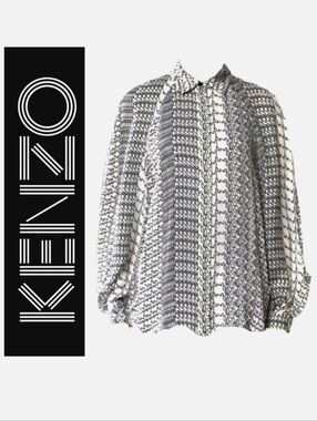 KENZO PARIS Vintage Black & Off White Print Open Sleeve Silk Blouse Sz 44 US XL